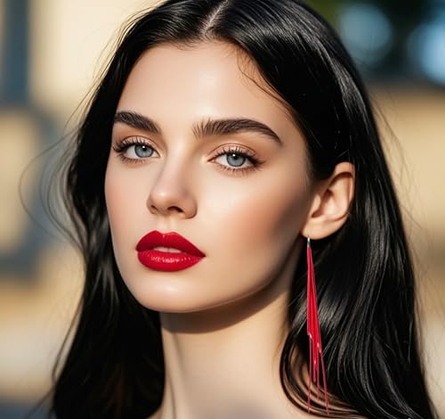 Leather Tassel Earrings Bohemian Tassel Fringe Dangle Earrings Boho Handmade Leather Feather Long Tassel Earrings Western Jewelry for Women - color: Red