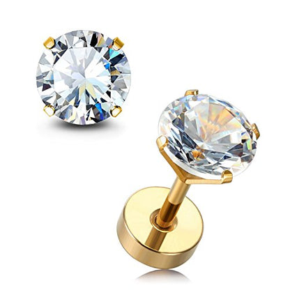 JewelrieShop Cartilage Tragus Earring Stainless Steel Stud Piercing Earring Flat Back Earrings Stud Flatback Screw Back Earrings for Women Men (16G, 6mm Bar Length, 3mm-7mm CZ, 5 Pairs) - color: 03. Gold with Clear White CZ