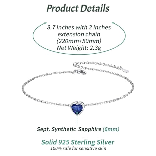 ChicSilver 925 Sterling Silver Anklets for Women, Simple Dainty Round/Heart Birthstone Ankle Bracelet Beach Foot Jewelry, 8.7-10.7 Inch Adjustable - color: 09. Heart - September(Sapphire)