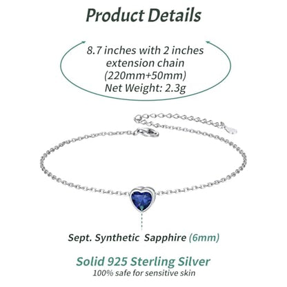 ChicSilver 925 Sterling Silver Anklets for Women, Simple Dainty Round/Heart Birthstone Ankle Bracelet Beach Foot Jewelry, 8.7-10.7 Inch Adjustable - color: 09. Heart - September(Sapphire)