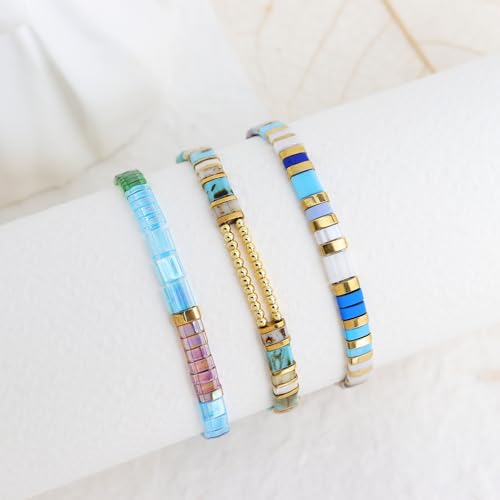 Sonateomber Tila Flat Beaded Stretch Bracelets for Women, Trendy Unique Colorful Square Beads Handmade Stack Bracelet Friendship Accessories Fashion Jewelry Gift - color: Gold Bead Turquoise White