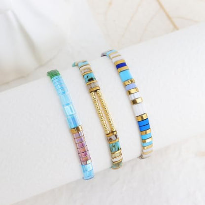 Sonateomber Tila Flat Beaded Stretch Bracelets for Women, Trendy Unique Colorful Square Beads Handmade Stack Bracelet Friendship Accessories Fashion Jewelry Gift - color: Gold Bead Turquoise White