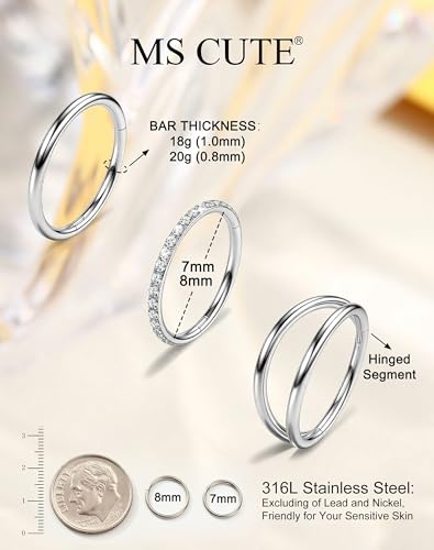316L Stainless Steel Nose Ring Set – 3PCS Nose Hoops with Cubic Zirconia, 20G/18G, Silver/Black/Gold, 7mm/8mm Sizes, Seamless & Hinged Design for Sensitive Skin Jewelry - color: Silver, size: 18g 8mm