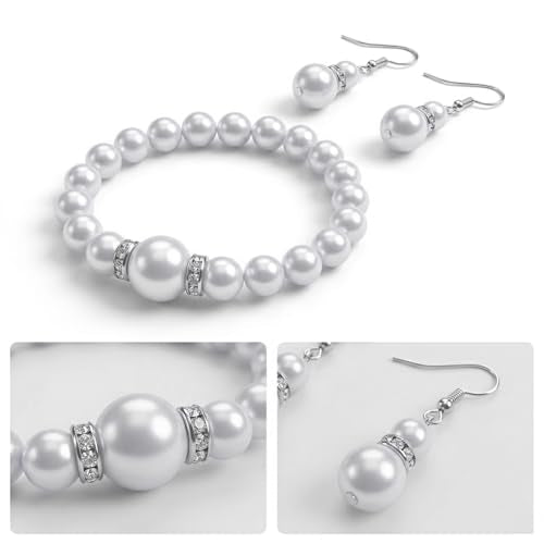 4 Pcs Big Pearl Necklace and Earring Set, White Jewelry Sets for Women, Elegant Bracelet Ring Collection, Classic Costume Jewelry for Wedding Bridesmaid Party Daily Wear
