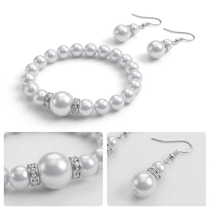 4 Pcs Big Pearl Necklace and Earring Set, White Jewelry Sets for Women, Elegant Bracelet Ring Collection, Classic Costume Jewelry for Wedding Bridesmaid Party Daily Wear