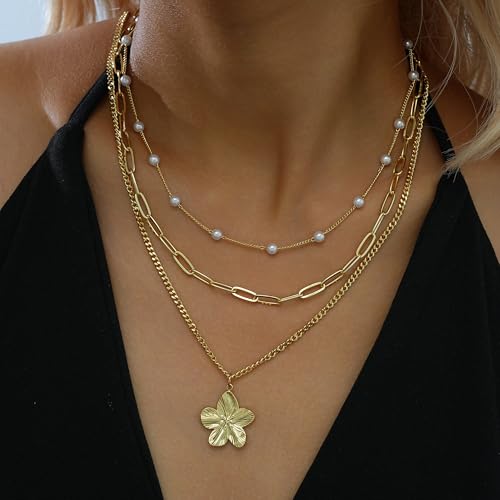 YEEZII Layered Gold Necklaces for Women Trendy, 3 Pcs 14K Gold Plated Choker Paperclip Box Chain Necklace, Stackable Women's Gold Pendant Necklaces Jewelry Set - color: Gold-3 Pcs-Flower