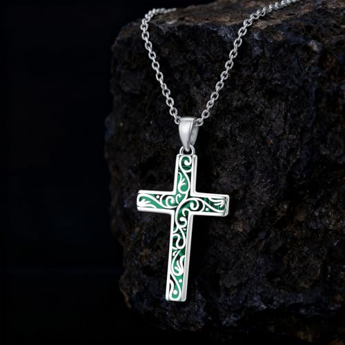 Cross Necklace for Men Women 925 Sterling Silver Cross Pendant Necklace Christian Religious Jewelry Gifts for Anniversary - color: 15-Malachite Cross