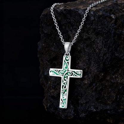 Cross Necklace for Men Women 925 Sterling Silver Cross Pendant Necklace Christian Religious Jewelry Gifts for Anniversary - color: 15-Malachite Cross