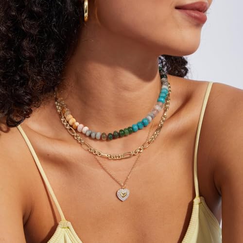 KissYan Beaded Gemstone Necklaces for Women | Colorful Bead Natural Stone Choker with 14K Gold Plated Spring Ring Clasp, Handmade Knot Jewelry for Summer Beach - color: A-Rainbow