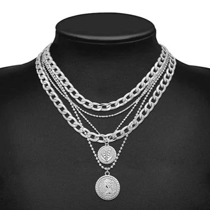 MJartoria Gold Layered Necklaces for Women Trendy Retro Birthflower Coin Pendant Necklace Dainty Chunky Chain Choker Necklaces for Jewelry Birthday Gifts - color: Silvery, style: May Birthflower-Lily