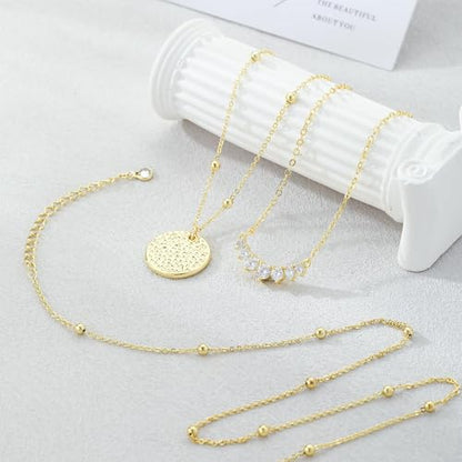 Layered Gold Necklace Set for Women Dainty Waterproof Cute Choker | 14K Gold Plated Minimalist Non Tarnish Lightweight CZ Pendant Pearl Twist Paperclip Chain Jewelry Gifts - style: 3PCS-Zircon round pendant-GD