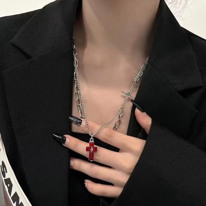 Gothic Cross Star Necklace For Men Women Silver Stainless Steel Cuban Link Paperclip Figaro Bead Chain Punk Kpop Y2k Goth Irregular Layered Cross Pendant Necklace Non Tarnish Jewelry Gift - color: Silver B