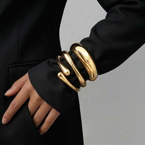 Chunky Gold Bangle Bracelets for Women, 14K Gold Plated Big Stackable Cuff Bracelet Set, Dainty Thick Dome Teardrop Bangles, Trendy Statement Jewelry Fashion Accessories - color: Gold