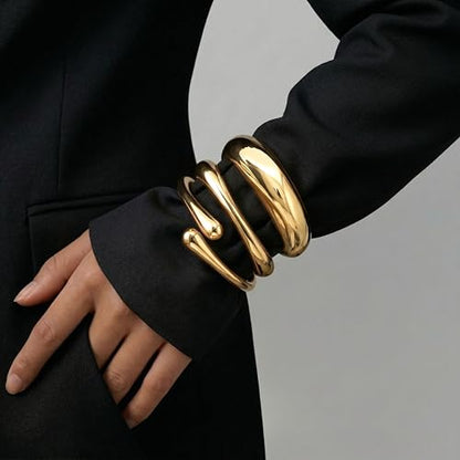 Chunky Gold Bangle Bracelets for Women, 14K Gold Plated Big Stackable Cuff Bracelet Set, Dainty Thick Dome Teardrop Bangles, Trendy Statement Jewelry Fashion Accessories - color: Gold