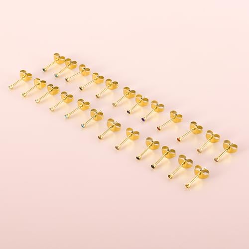 12 Pairs Ear Piercing Stud Earrings for Ear Piercing Guns, Surgical Stainless Steel Multicolor Round Heart Star Cubic Zirconia Birthstone Stud Earrings Set - style: Gold round 2mm