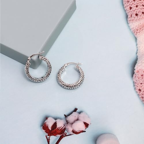 LeCalla Byzantine Earrings for Women | 925 Sterling Silver Byzantine Earrings | Antique Oxidized Click-Top Round Thick Hoop Earrings for Women - style: Bali-Style Filigree