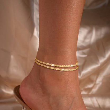 Robaice Ankle Bracelets for Women, 14K Gold Plated/Silver Layered Anklets | Waterproof Adjustable Anklet for Women, Summer Beach Anklet, Glitter Jewelry for Women Gifts - color: Gold