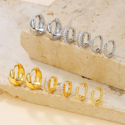 3 Pairs Huggie Hoop Earring Set 18K Gold Plated Cubic Zirconia Cartilage Earrings, Multi Piercings Ear Jacket Earring Climber Stud Earring for Women Everyday Earrings - color: 3 CZ Gold
