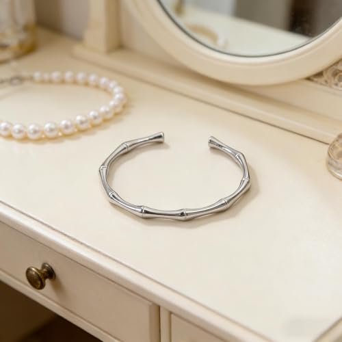 Adjustable Silver Bamboo Bracelet for Women – Stainless Steel Open-Cuff Bangle, Organic Design, Perfect Everyday Jewelry Gift