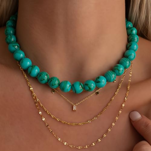 Multicolor Chunky Beaded Necklace, Statement Colorful Round Ball Beads Choker Necklace with Gold-Tone Adjustable Chain, Fashion Bold Neck Jewelry for Women - color: 20MM-Turquoise