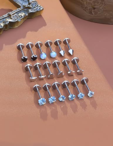 Threadless Noses Rings, Flat Back Earrings, 20/18/16g-Gauge 5/16in-Post 3mm-Top, Hypoallergenic Surgical Steel Medusa Lip Labret Cartilage Helix Tragus Conch Piercing Jewelry for Women Men - color: Blue, size: 20g*8mm