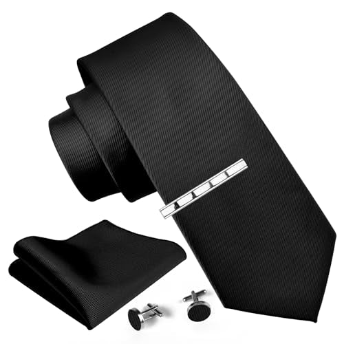 GUSLESON New 3.15"（8cm） Solid Color Necktie and Pocket Square Cufflinks Clip Set - color: Black