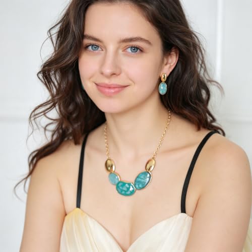 Vintage Statement Jewelry Set - Chunky Flower Floral Plant Geometric Resin Bib Necklace Earring Set Bohemian Boho Crystal Rhinestone Fashion Jewelry for Women Bridal Party Prom Unique Gift - style: MLJS2608-Aquamarine