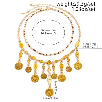 Layered Coin Pendant Necklace for Women, Gold Beaded Boho Statement Necklace, Vintage Disc Charm Collar Necklace, Festival Vacation Jewelry