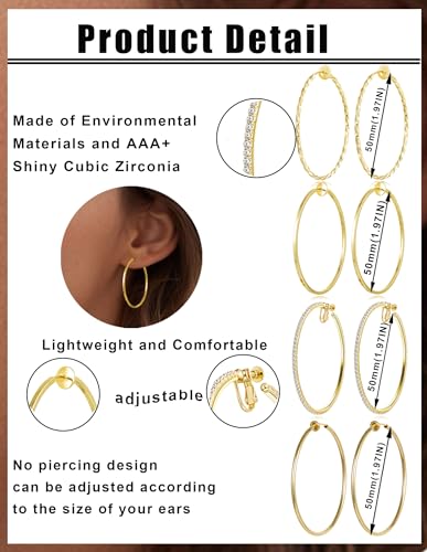 4 Pairs Clip on Hoop Earrings for Women CZ Twist Fake Hoop Earring Sets Spring Hoops for Non Pierced Ears Gold Tone 30/40/50/60/70mm - size: 50mm