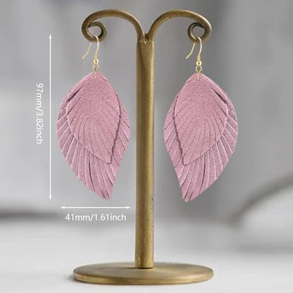 Genuine Leather Handmade Fringe Feather Lightweight Dangle Drop Earrings Teardrop Tassel Hook Earrings for Women - style: 8 Light Pink