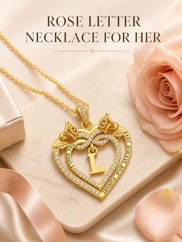 14K Gold Initial Letter Rose Heart Pendant Necklace for Women, Anniversary Birthday Jewelry Gifts for Wife Mom Grandma Sister Daughter, I Love You for Always And Forever - style: 14K Gold-L