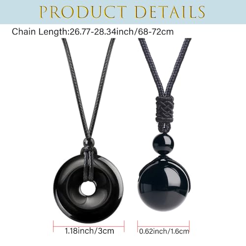 2pcs Natural Crystal Stone Lucky Coin Crystal Necklace Donut Pendnat, 16mm Stone Bead Pendant for Women and Men Necklace - color: Black Obsidian