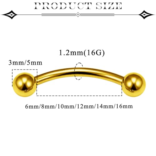 Eyebrow Piercing Jewelry Surgical Steel Vertical Labret Lip Jewelry Curved Barbell Tiny Eyebrow Rings Ear Rook Navel Small Belly Button Ring for Women Men 16g 6mm/8mm/10mm/12mm/14mm/16mm - color: goldtone,ball