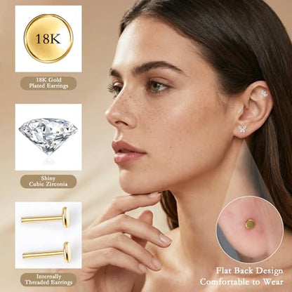 limerencia Titanium Internally Threaded Flat Back Earrings, 3 Pcs Implant Grade Hypoallergenic Studs, 18G Tragus Helix Conch Cartilage Piercing Jewelry for Sensitive Ears Women Men, Gold/Silver - color: Gold-Vibe C