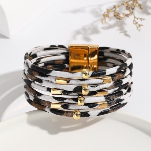 Colorful Leather Wrap Bracelets for Women Boho Handmade Multilayer Leopard Print Cuff Bangle Circle Charm Bracelets Bohemian Party Holiday Jewelry - color: Color 2