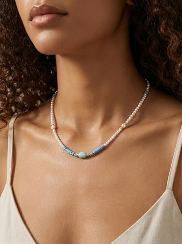 Pearl Necklace for Women Paperclip Chain Chunky Gold Necklace, Freshwater Cultured Pearls Trendy Link Chain 18K Gold Plated Dainty Pearl Choker - color: Pearl&Blue Stone