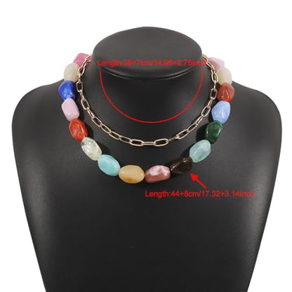 Summer Dopamine Colorful Beaded Necklace for Women, Boho Multicolor Irregular Large Resin Beads Necklace Chunky Layered Gold Chain Statement Choker Y2K Jewelry