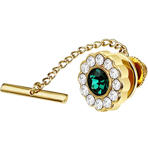 AMITER Crystal/Pearl Tie Tack with Chain, Gold Mens Tie Pin Necktie Pins Lapel Pin for Wedding Birthday Anniversary Party - color: 24k Gold+Green Crystal