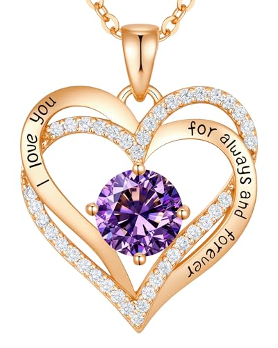 CDE S925 Silver Engraved Forever Love Heart Birthstone Necklaces for Women | 5A CZ,Hypoallergenic,Nickel-Free & Lead-Free Pendant,Anniversary Christmas Wedding Birthday Gift for Wife Girlfriend - color: 02-Feb, style: Rose Gold Plated