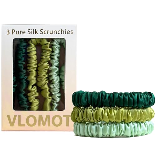 VLOMOT 3 Pcs Set 100% Pure Mulberry Silk Hair Scrunchies (Green) | Silk Hair Ties for Thin Hair with 3 Chic Colors Everyday Skinny Scrunchies Silk Ponytail Holders Hair Care No Damage - color: Green