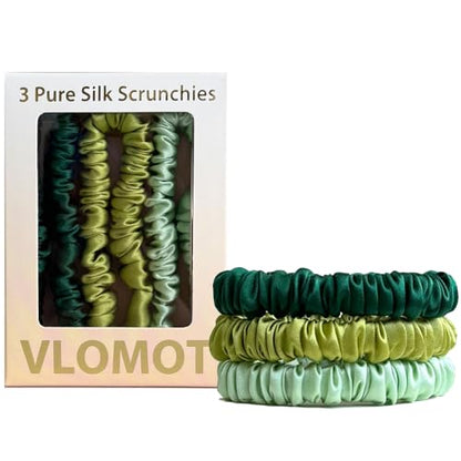 VLOMOT 3 Pcs Set 100% Pure Mulberry Silk Hair Scrunchies (Green) | Silk Hair Ties for Thin Hair with 3 Chic Colors Everyday Skinny Scrunchies Silk Ponytail Holders Hair Care No Damage - color: Green