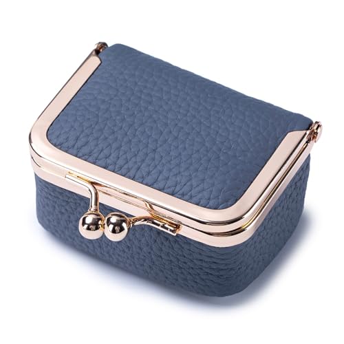 Genuine Leather Mini Jewelry Box - Vintage-Inspired Travel Jewelry Organizer with Kiss Lock, Compact Ring Box for Women, Perfect for Earrings, Rings, Necklaces, Bracelets (B Blue) - color: Blue L 2.95in