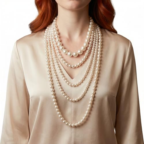 Pearl Necklace, Multi Long Strand Layered Necklaces, Chunky Large White Faux Pearls Costume Jewelry, Vintage Multistrand Stacked Strands For Women, Flapper 1920s Style