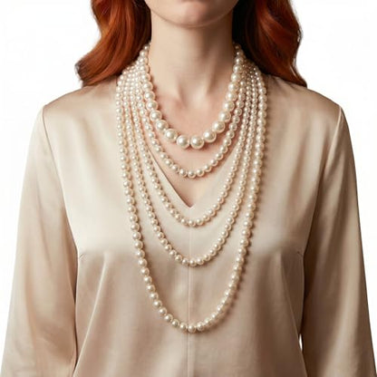 Pearl Necklace, Multi Long Strand Layered Necklaces, Chunky Large White Faux Pearls Costume Jewelry, Vintage Multistrand Stacked Strands For Women, Flapper 1920s Style