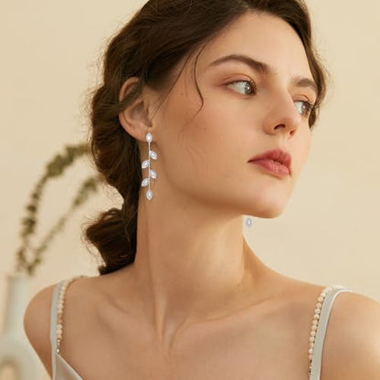 Gold/Silver Clip on Earrings Non Pierced for Women - 14K Gold Plated Long Tasse Drop Dangle Clip Earrings - Cubic Zirconia Leaf Earrings for Women Gold Wedding Jewelry Gifts - color: Silver-tone