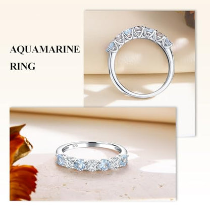Birthstone Wedding Band Eternity Rings 925 Sterling Silver Rings Stackable Anniversary Engagement Rings Cubic Zirconia Inlaid Created Garnet/Amethyst/Sapphire Ring 7 Stone Ring, Size 6 to 10 - color: Aquamarine & 5A CZ
