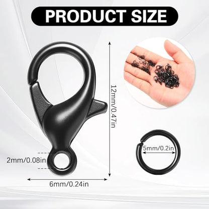 Syhood 600 Pieces Lobster Clasps and Open Jump Rings Set Lobster Claw Clasps and Closures for Jewelry Making and Bracelets Bracelet Hooks Jewelry Clips (Black) - color: Black