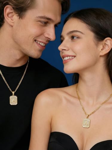 Initial Letter Pendant Necklace for Men Women, 14K/18K Gold A-Z | Square Monogram Pendant Jewelry Waterproof and colorfast with Figaro Chain, Gifts for Women Men - style: 14K Gold D