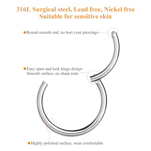MissNity 316L Surgical Steel Hinged Nose Rings Hoop 20G 18G 16G 14G, Diameter 6mm to 10mm, Color Gold - Rose Gold - Silver - Black - Rainbow - color: A02: Silver & gold - 2pcs