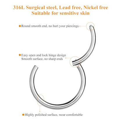 MissNity 316L Surgical Steel Hinged Nose Rings Hoop 20G 18G 16G 14G, Diameter 6mm to 10mm, Color Gold - Rose Gold - Silver - Black - Rainbow - color: A02: Silver & black - 2pcs